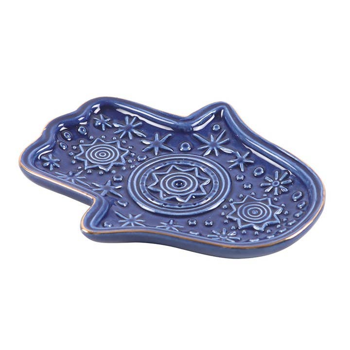 Dunkelblauer Hamsa-Hand-Räucherstäbchenhalter und Schmuckschale
