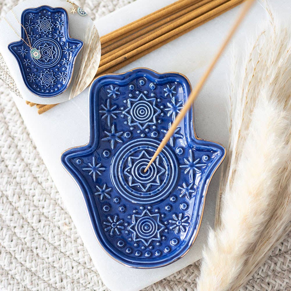 Dunkelblauer Hamsa-Hand-Räucherstäbchenhalter und Schmuckschale