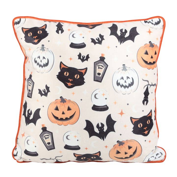 Quadratisches Kissen mit Katzen und Kürbismotiven, 35 cm