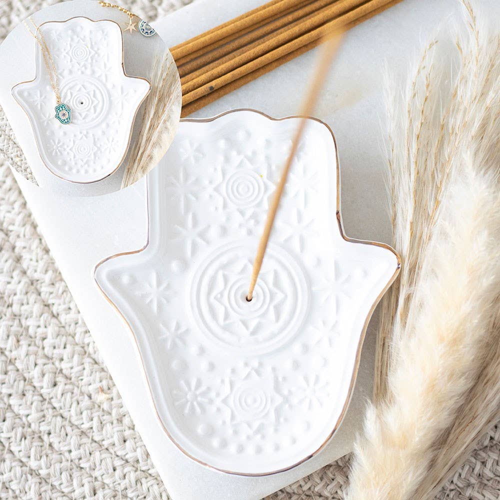 Weiße Hamsa-Hand Räucherstäbchenhalter und Schmuckschale
