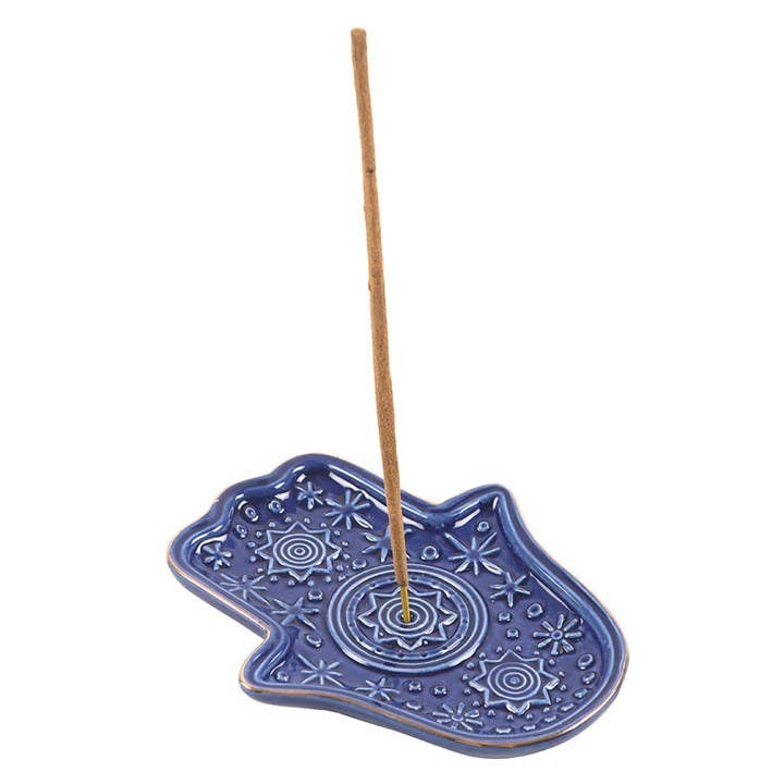 Dunkelblauer Hamsa-Hand-Räucherstäbchenhalter und Schmuckschale